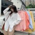 Women Long Sleeves T shirt Fashion Lapel Solid Color Blouse Breathable Casual Single breasted Cardigan Tops Pink S