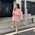 Women Long Sleeves T shirt Fashion Lapel Solid Color Blouse Breathable Casual Single breasted Cardigan Tops Pink S
