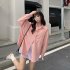 Women Long Sleeves T shirt Fashion Lapel Solid Color Blouse Breathable Casual Single breasted Cardigan Tops Pink S