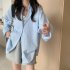 Women Long Sleeves T shirt Fashion Lapel Solid Color Blouse Breathable Casual Single breasted Cardigan Tops Pink S