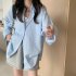 Women Long Sleeves T shirt Fashion Lapel Solid Color Blouse Breathable Casual Single breasted Cardigan Tops Pink S