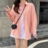 Women Long Sleeves T shirt Fashion Lapel Solid Color Blouse Breathable Casual Single breasted Cardigan Tops Pink S