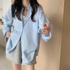 Women Long Sleeves T-shirt Fashion Lapel Solid Color Blouse Breathable Casual Single-breasted Cardigan Tops blue M