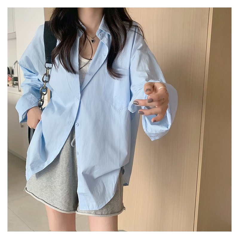 Women Long Sleeves T-shirt Fashion Lapel Solid Color Blouse Breathable Casual Single-breasted Cardigan Tops blue L