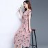 Women Long Style Round Collar Short Sleeve Floral Printing Dress for Summer Wear Khaki L