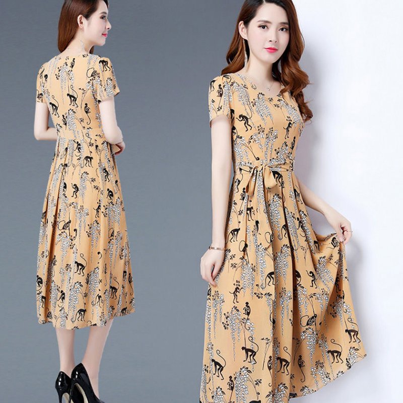 Women Long Style Round Collar Short Sleeve Floral Printing Dress for Summer Wear Khaki_L