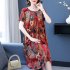Women Loose Floral Dress Comfortable Breathable Round Neck Short Sleeve Ice Silk Swing Dress A Line Skirt red 3XL