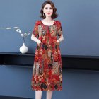 Women Loose Floral Dress Comfortable Breathable Round Neck Short Sleeve Ice Silk Swing Dress A Line Skirt red 3XL