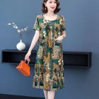 Women Loose Floral Dress Comfortable Breathable Round Neck Short Sleeve Ice Silk Swing Dress A Line Skirt green 4XL