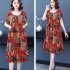 Women Loose Floral Dress Comfortable Breathable Round Neck Short Sleeve Ice Silk Swing Dress A Line Skirt green 4XL
