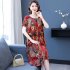 Women Loose Floral Dress Comfortable Breathable Round Neck Short Sleeve Ice Silk Swing Dress A Line Skirt green 4XL