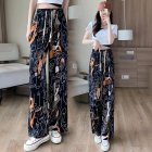 Women Loose Printed Casual Pants Drawstring Design High Waist Wide Leg Trousers For Workout Jogging Running line M