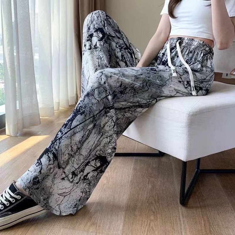 Wholesale Women Loose Printed Casual Pants Drawstring Design High Waist  Wide Leg Trousers For Workout Jogging Running watercolor XL From China