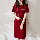 Women Loose Printed Dress Round Neck Short Sleeve Sports Style Casual T-shirt Dress Wine Red 4XL