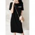 Women Loose Printed Dress Round Neck Short Sleeve Sports Style Casual T shirt Dress black 2XL