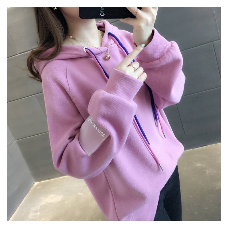 Women Loose Thickening Fleece Lined Casual Sport Hooded Pullover for Autumn Winter   pink purple_M