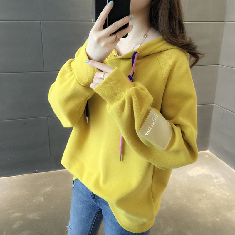 Women Loose Thickening Fleece Lined Casual Sport Hooded Pullover for Autumn Winter   yellow_XL