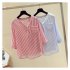 Women Loose V collar Vertical Striped Chiffon Shirt Three Quarter Sleeves Tops blue stripe XL