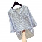 Women Loose V collar Vertical Striped Chiffon Shirt Three Quarter Sleeves Tops blue stripe XL