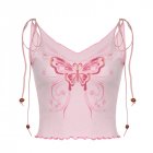 Women Low Cut V-neck Tank Tops Summer Thin Elegant Butterfly Printing Ribbed Slim Fit Vest Pink M