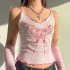 Women Low Cut V neck Tank Tops Summer Thin Elegant Butterfly Printing Ribbed Slim Fit Vest Pink M