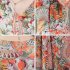 Women Mandarin Sleeve Floral Printed Short Sleeves A line Waisted Dress Orange L