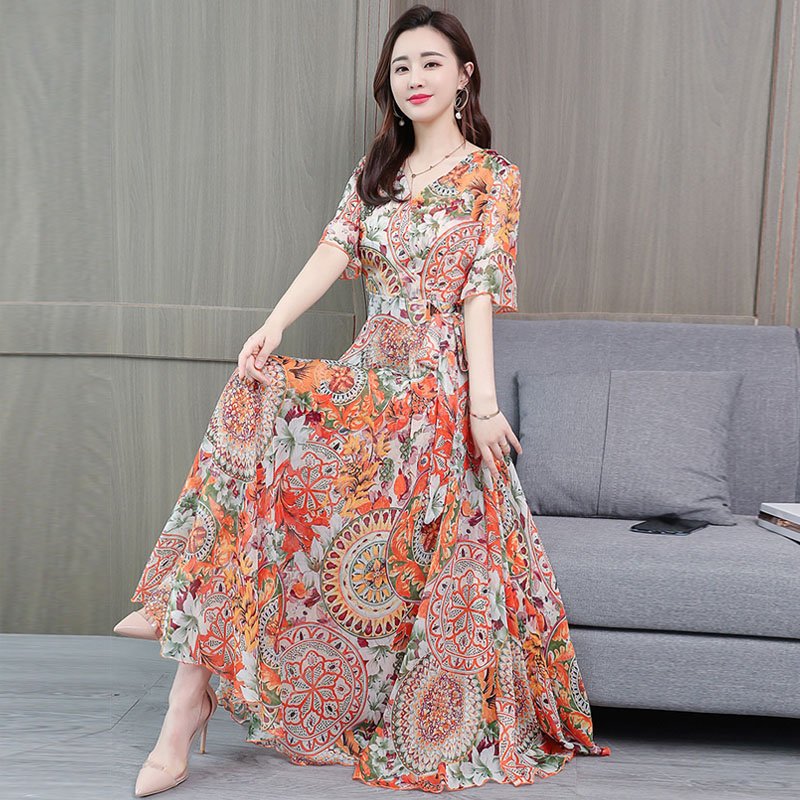 Women Mandarin Sleeve Floral Dress