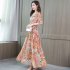 Women Mandarin Sleeve Floral Printed Short Sleeves A line Waisted Dress Orange XL