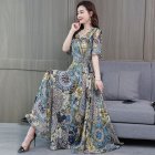 Women Mandarin Sleeve Floral Printed Short Sleeves A line Waisted Dress Royal blue M