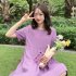 Women Maternity Dress Summer Short Sleeves Round Neck Midi Skirt Loose Large Size Casual Pullover Dress Purple 2XL