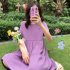 Women Maternity Dress Summer Short Sleeves Round Neck Midi Skirt Loose Large Size Casual Pullover Dress Purple 2XL