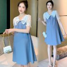Women Maternity Dress Summer Short Sleeves Chiffon A-line Skirt Fashion Solid Color Lace-up Loose Dress 510 blue skirt M