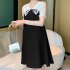 Women Maternity Dress Summer Short Sleeves Chiffon A line Skirt Fashion Solid Color Lace up Loose Dress 510 black skirt M