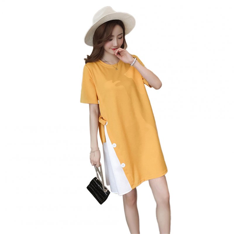 Women Maternity Stitching Round Collar Large Size Dress for Pregnant  yellow_M