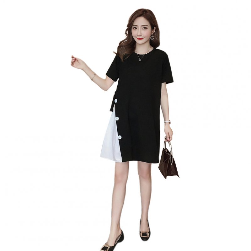 Women Maternity Stitching Round Collar Large Size Dress for Pregnant  black_XL