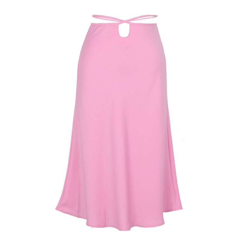 Women Maxi Skirt Wrap Pencil Zipper Long Skirts Slim Fit Solid Color Lace-up Bodycon A-line Skirt pink S