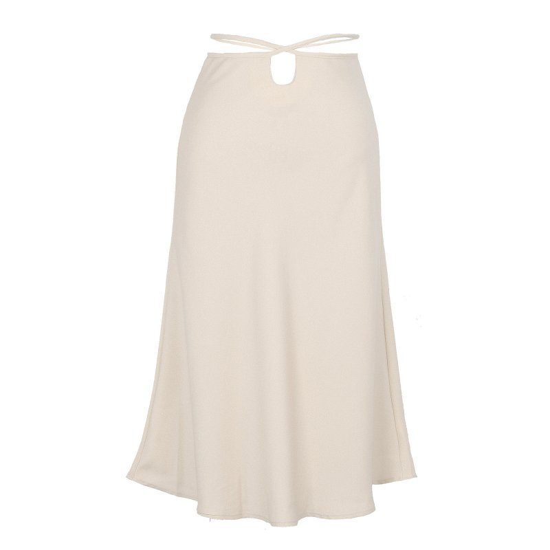 Women Maxi Skirt Wrap Pencil Zipper Long Skirts Slim Fit Solid Color Lace-up Bodycon A-line Skirt beige M