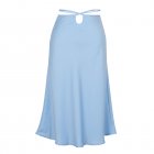Women Maxi Skirt Wrap Pencil Zipper Long Skirts Slim Fit Solid Color Lace-up Bodycon A-line Skirt blue M