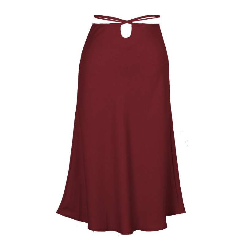 Women Maxi Skirt Wrap Pencil Zipper Long Skirts Slim Fit Solid Color Lace-up Bodycon A-line Skirt wine red M