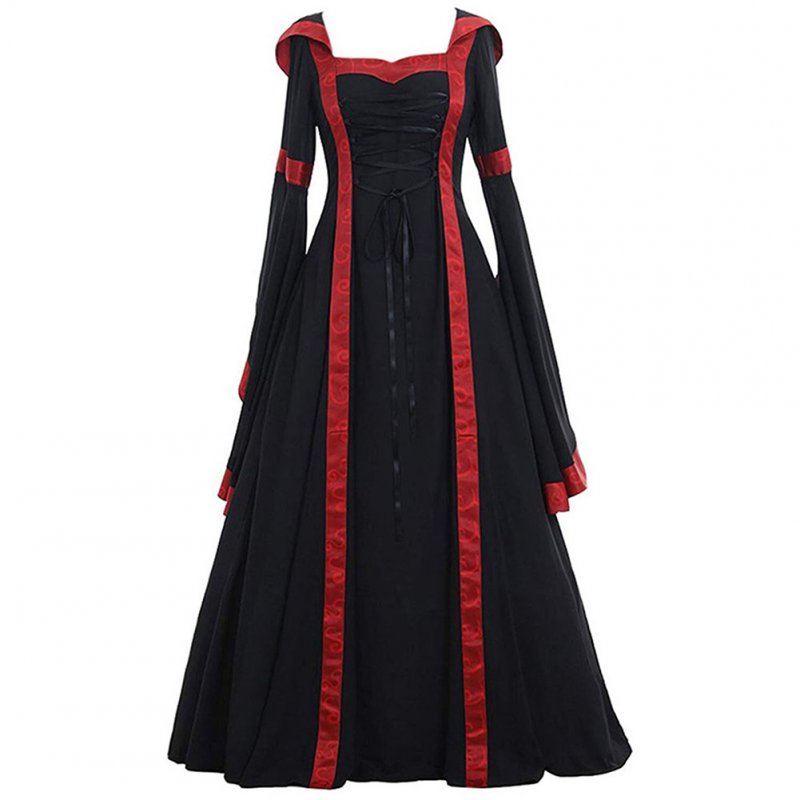 Women Medieval Retro Hooded Dress Square Collar with Trumpet Sleeves Big Swing Dress Halloween Christmas Suit black_XL