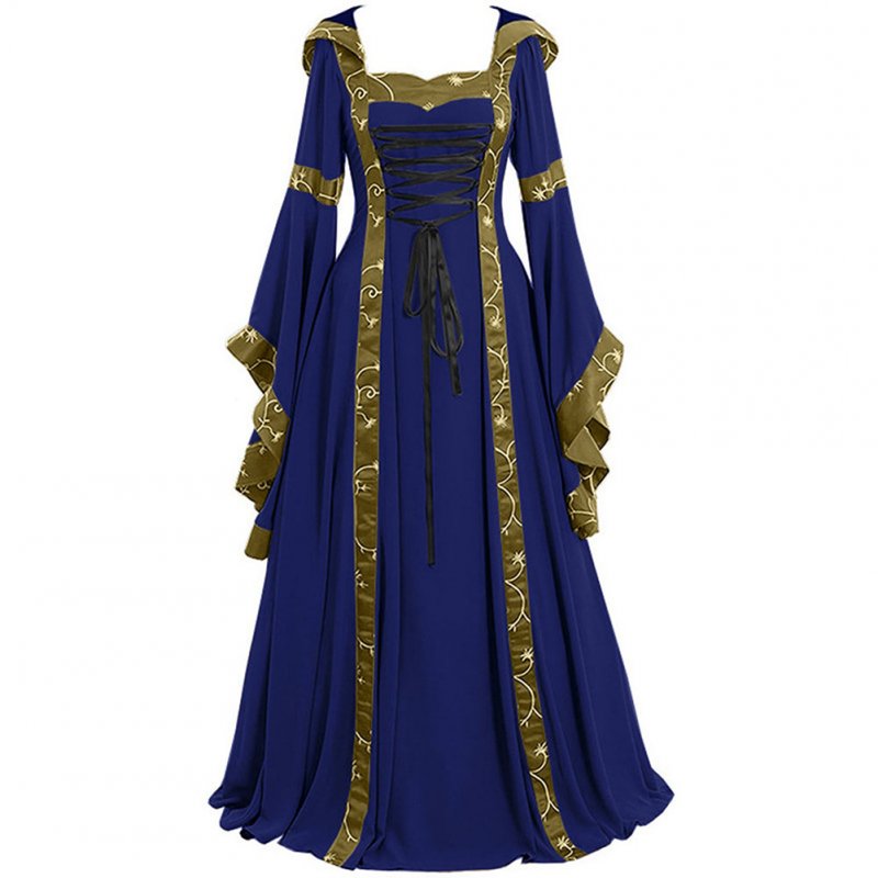 Women Medieval Retro Hooded Dress Square Collar with Trumpet Sleeves Big Swing Dress Halloween Christmas Suit blue_M