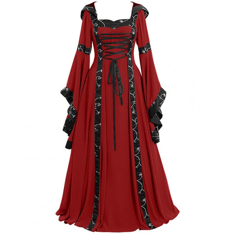Women Medieval Retro Hooded Dress Square Collar with Trumpet Sleeves Big Swing Dress Halloween Christmas Suit red_S