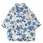 Women Men Leisure Shirt Personality Blue Floral Printing Short Sleeve Retro Hawaii Beach Shirt Top Summer C111   M