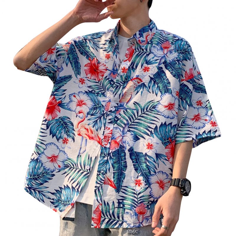 Women Men Leisure Shirt Personality Flamingo Floral Printing Short Sleeve Retro Hawaii Beach Shirt Top Summer C101 #_M