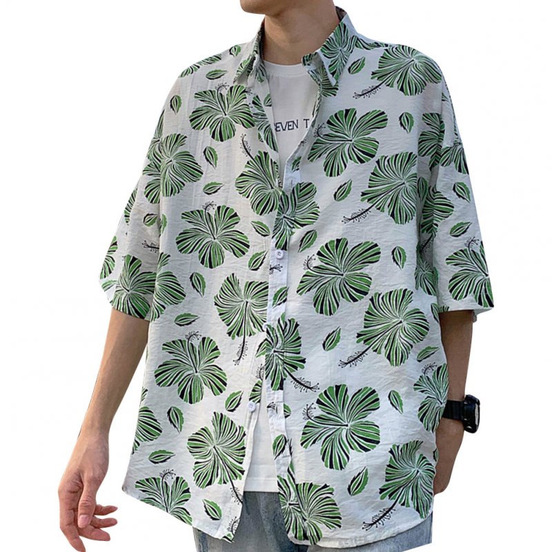 Women Men Leisure Shirt Personality Loose Green Floral Printing Short Sleeve Retro Hawaii Beach Shirt Top Summer C102 #_XL