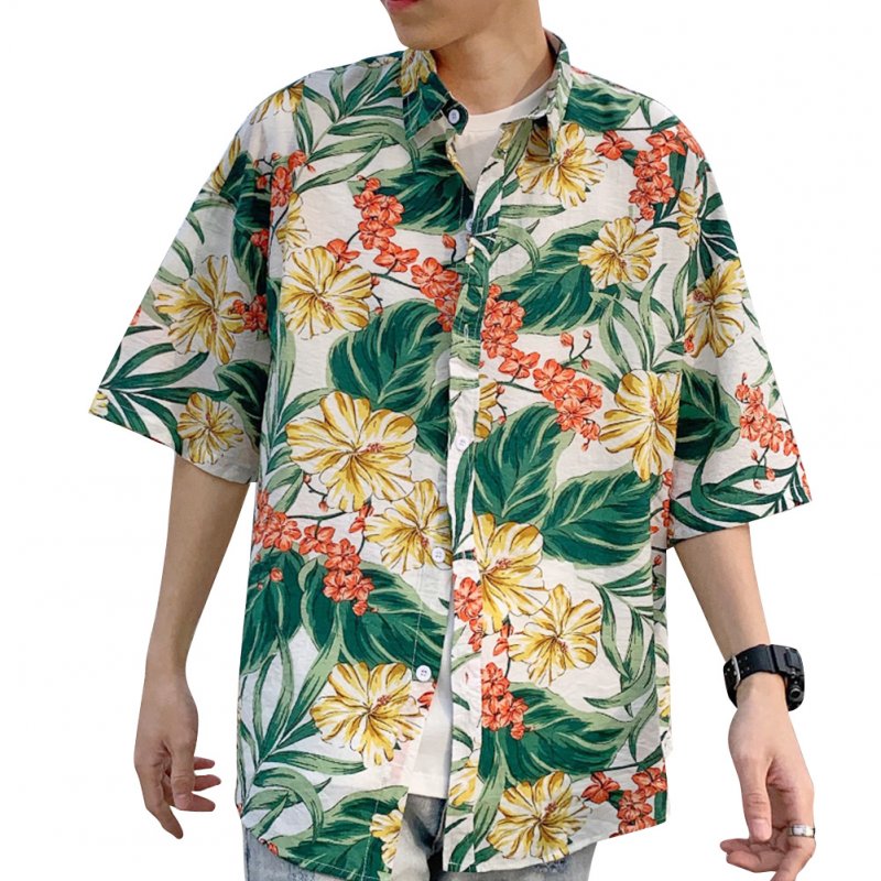 Women Men Leisure Shirt Personality Loose Yellow Floral Printing Short Sleeve Retro Hawaii Beach Shirt Top Summer C104 #_XL