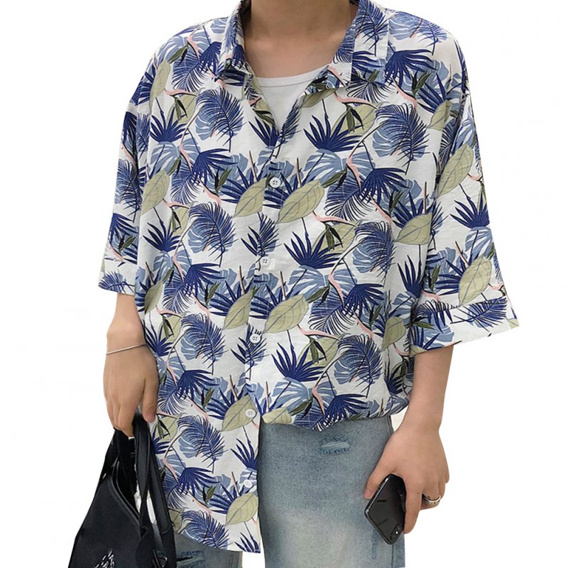 Women Men Leisure Shirt Personality Floral Printing Short Sleeve Retro Hawaii Beach Shirt Top Summer C105 #_M