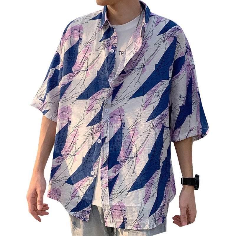 Women Men Leisure Shirt Personality Purple Floral Printing Short Sleeve Retro Hawaii Beach Shirt Top Summer C108 #_L