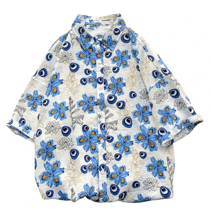 Women Men Leisure Shirt Personality Blue Floral Printing Short Sleeve Retro Hawaii Beach Shirt Top Summer C111 #_XL
