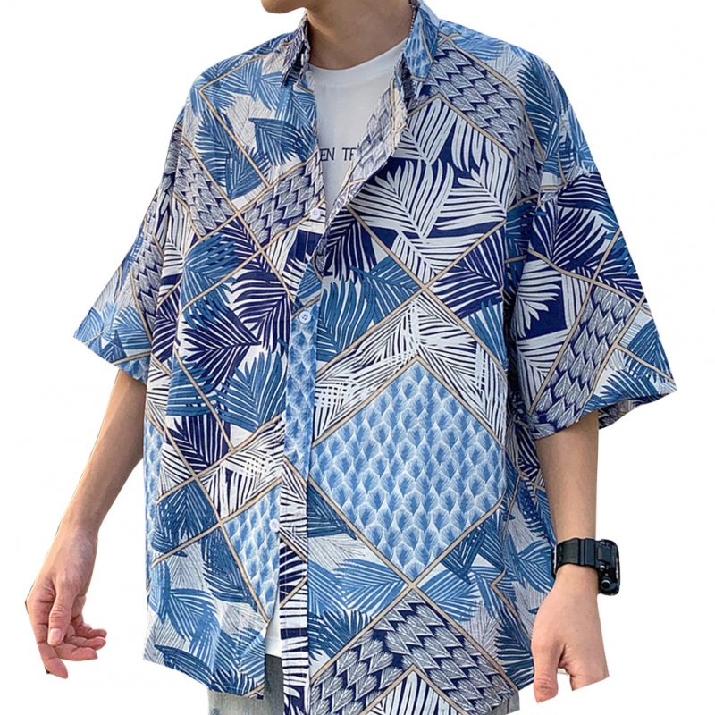 Women Men Leisure Shirt Personality Geometrical  Printing Short Sleeve Retro Hawaii Beach Shirt Top Summer C113 #_XL